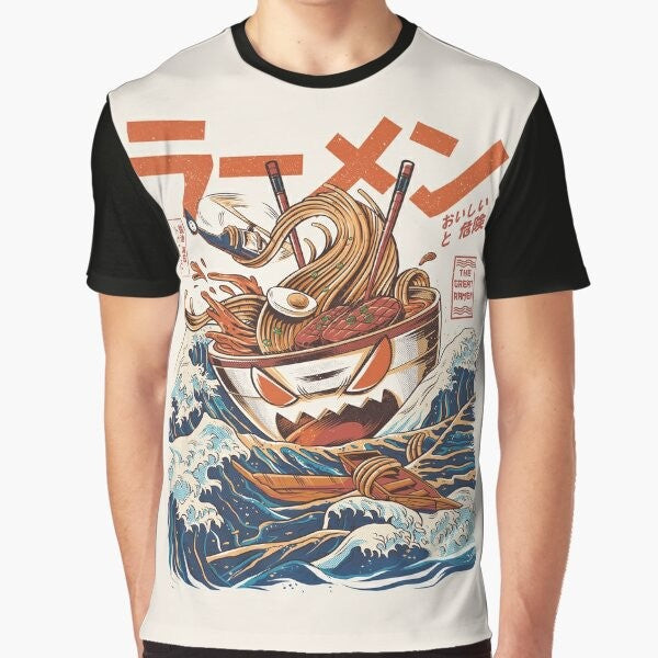 Anime-inspired graphic t-shirt with a retro kaiju wave and ramen bowl design