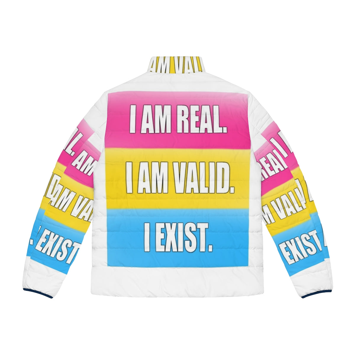 Pansexual pride puffer jacket with the text "I Am Real, I Am Valid, I Exist" - Back