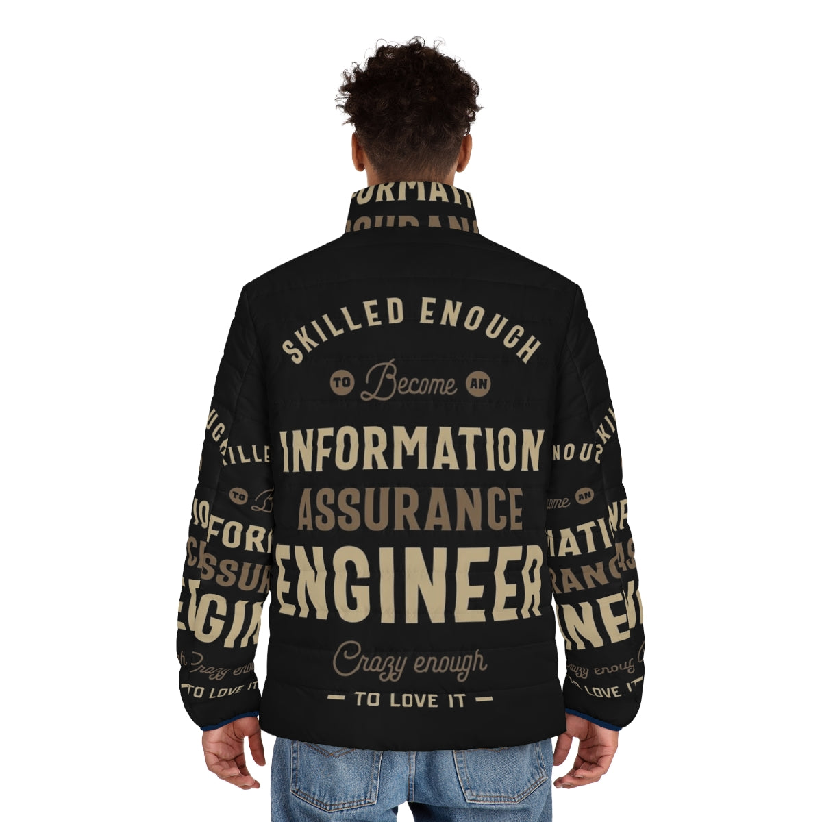 Information Assurance Engineer wearing a puffer jacket with technical details - men back