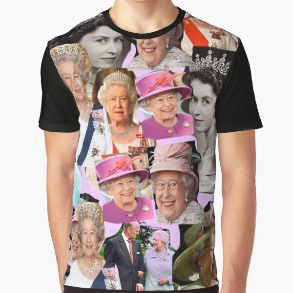 HRH Queen Elizabeth II Graphic T-Shirt, featuring a vibrant pop art collage design