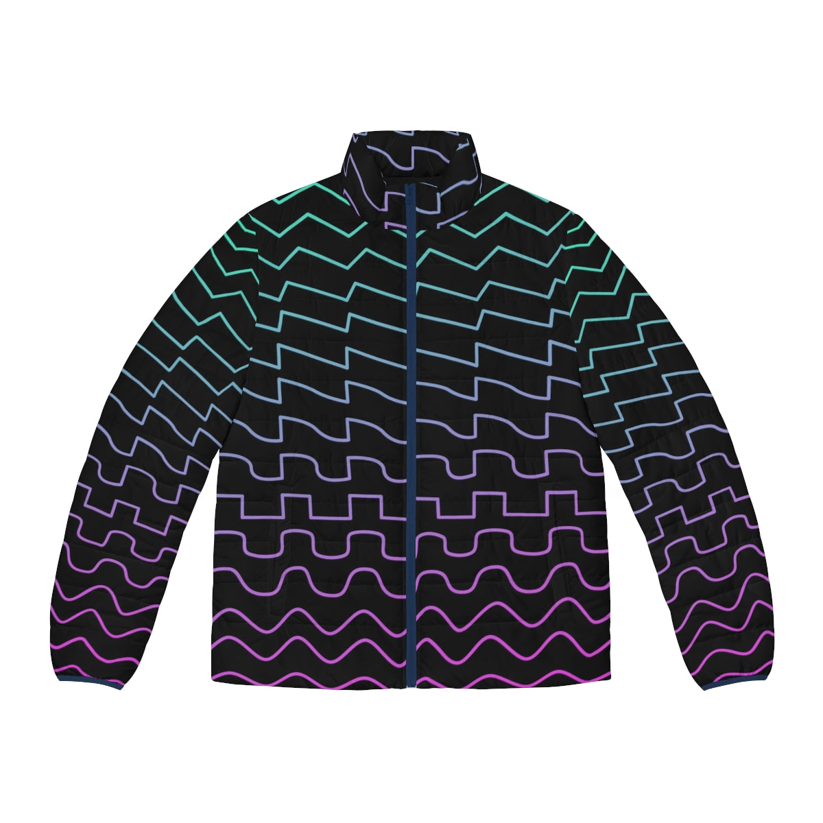 Puffer jacket featuring synthesizer waveforms design, perfect for electronic musicians and synth players.