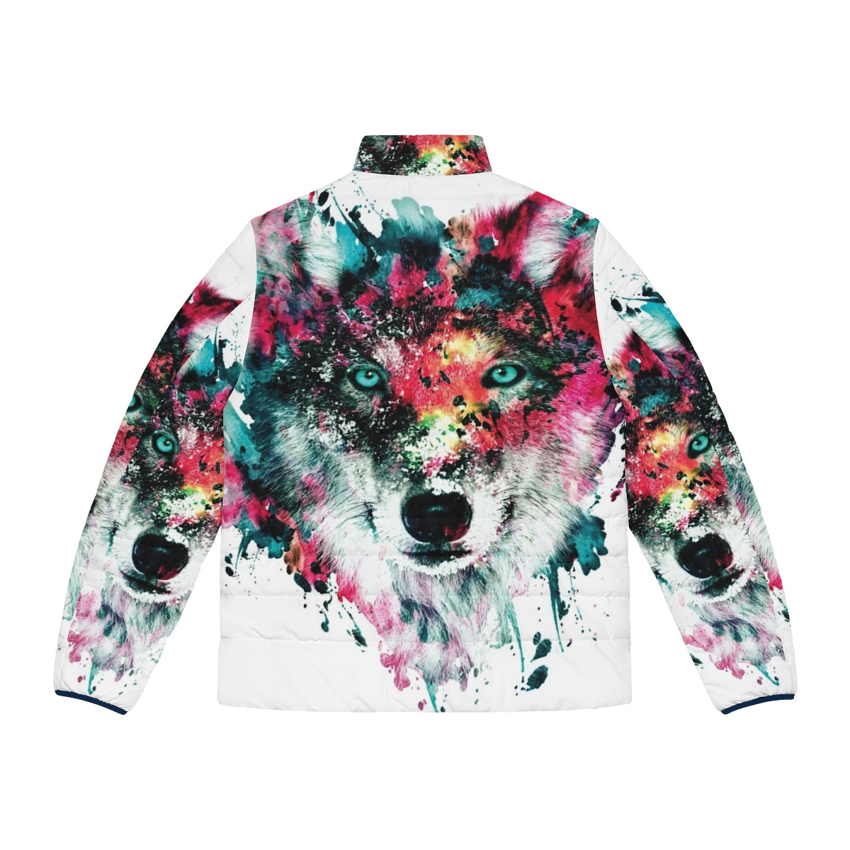 Vibrant wolf puffer jacket artwork featuring abstract, colorful design - Back