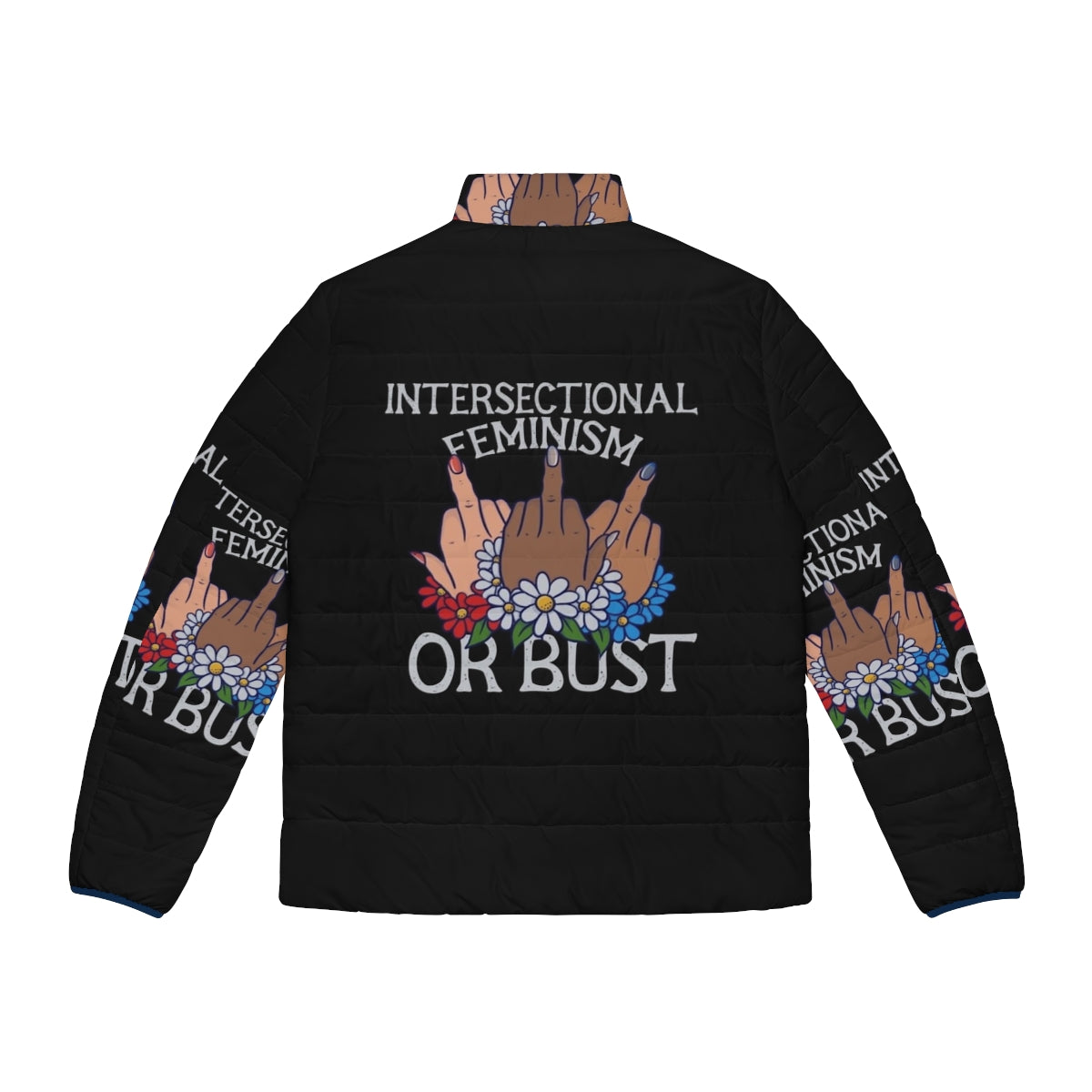 Woman wearing an intersectional feminist puffer jacket - Back