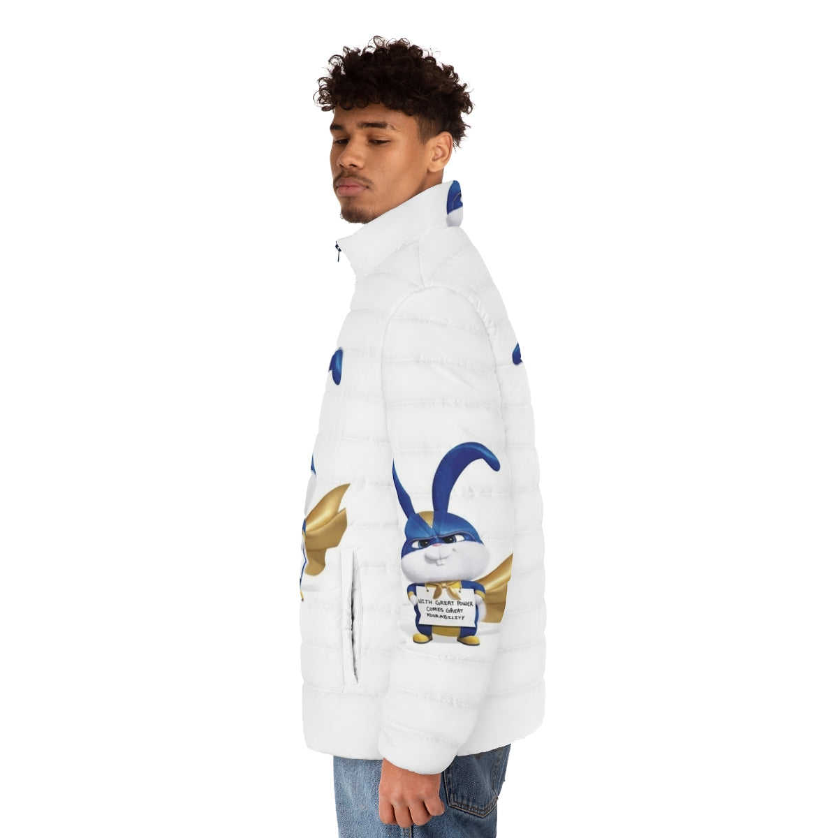 A white puffer jacket with a cute rabbit mascot design - men side left