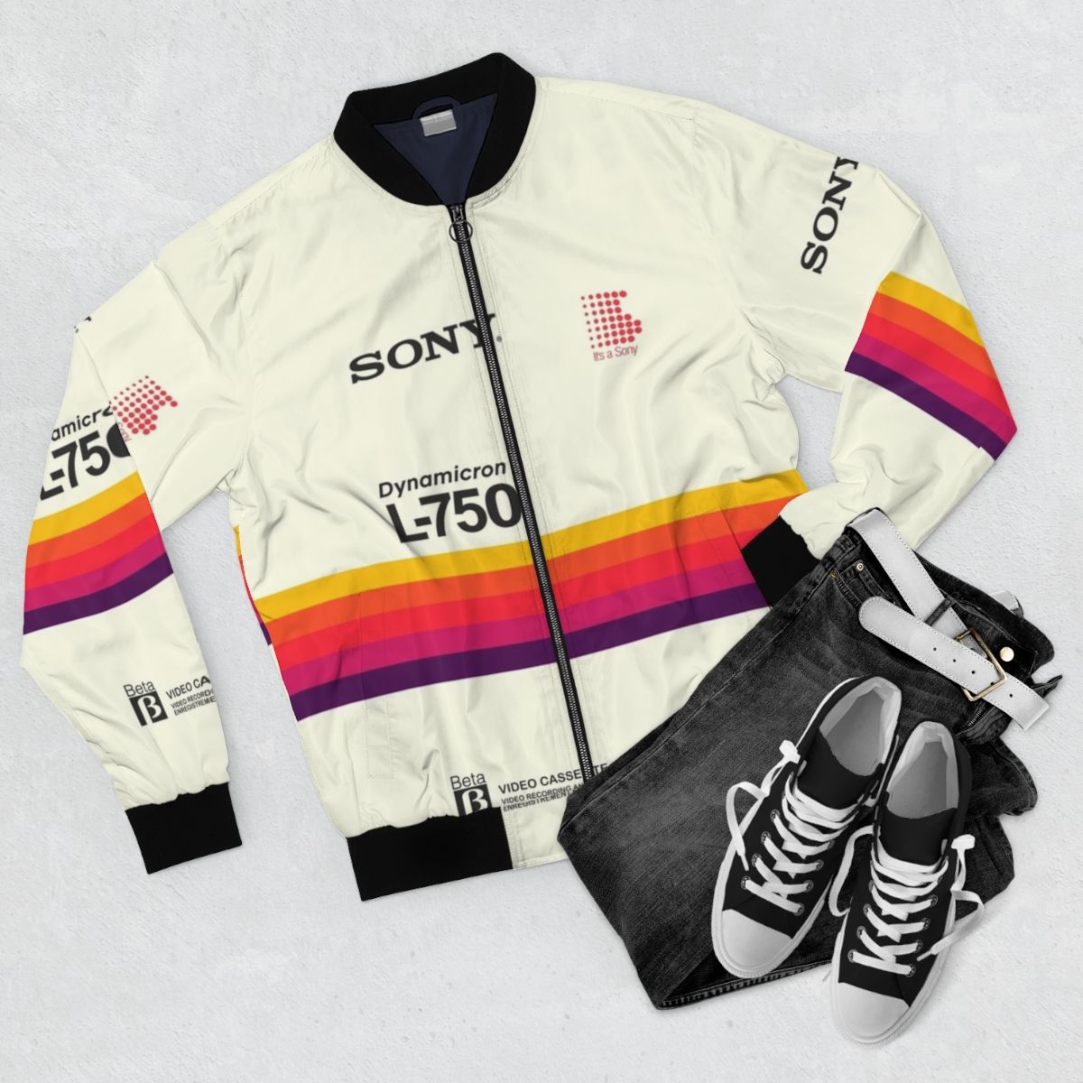 Retro Sony VHS/Betamax bomber jacket with vintage 90s/80s design - Flat lay