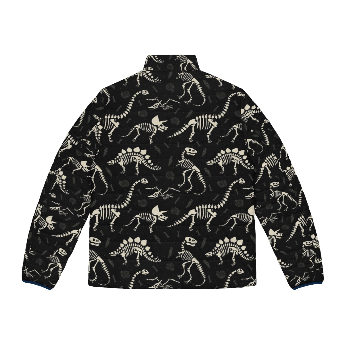 Black puffer jacket with a dinosaur fossil pattern design - Back