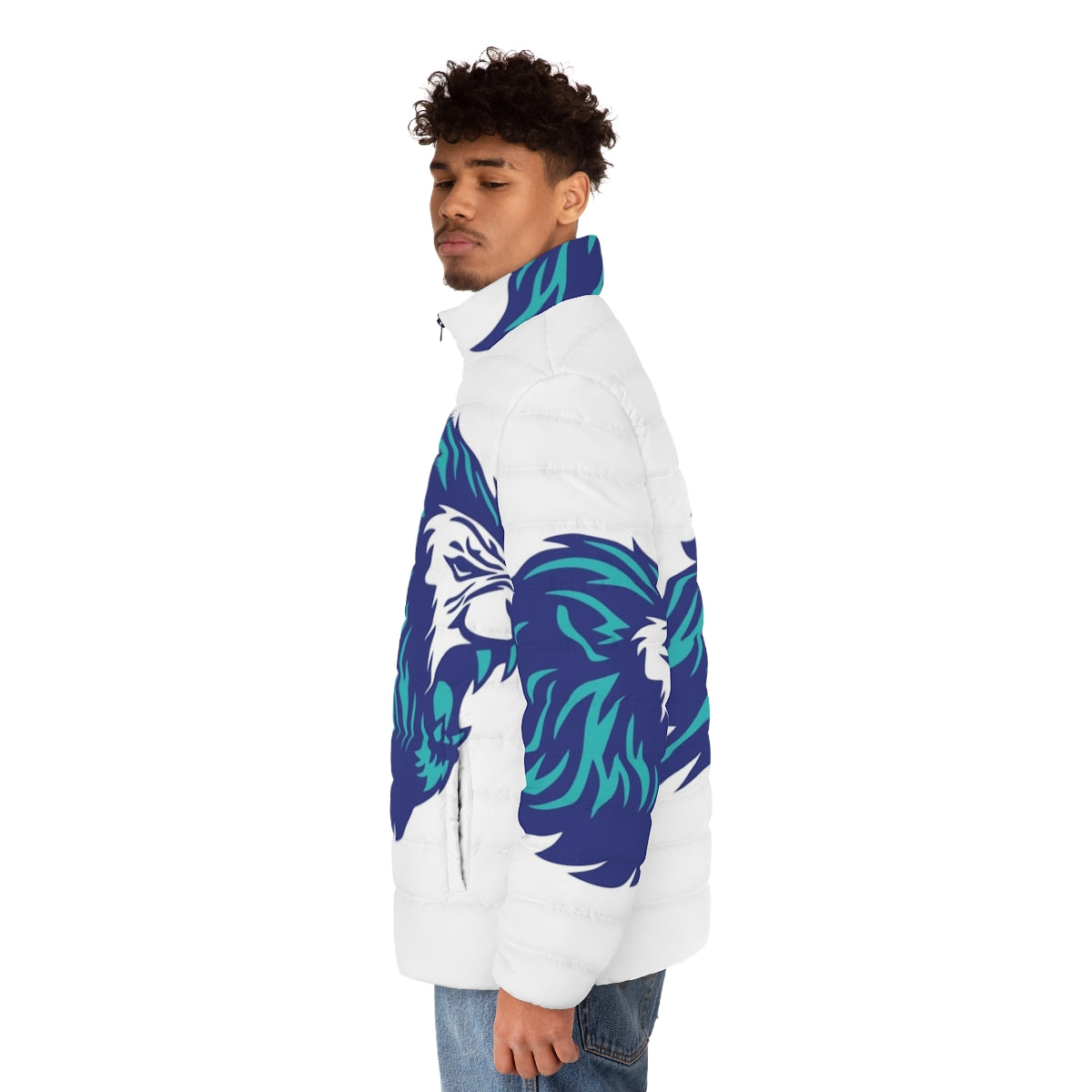 Blue puffer jacket with animal power graphic - men side left