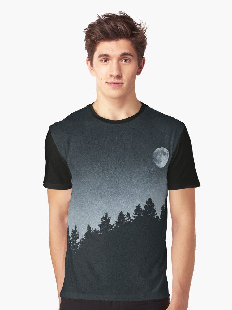 Mysterious night sky graphic t-shirt featuring a landscape with Cascadia trees, a supermoon, and astrological symbols - Men