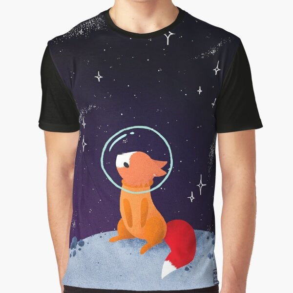 A digital illustration of a cute red fox wearing an astronaut suit, exploring the galaxy with a starry background.