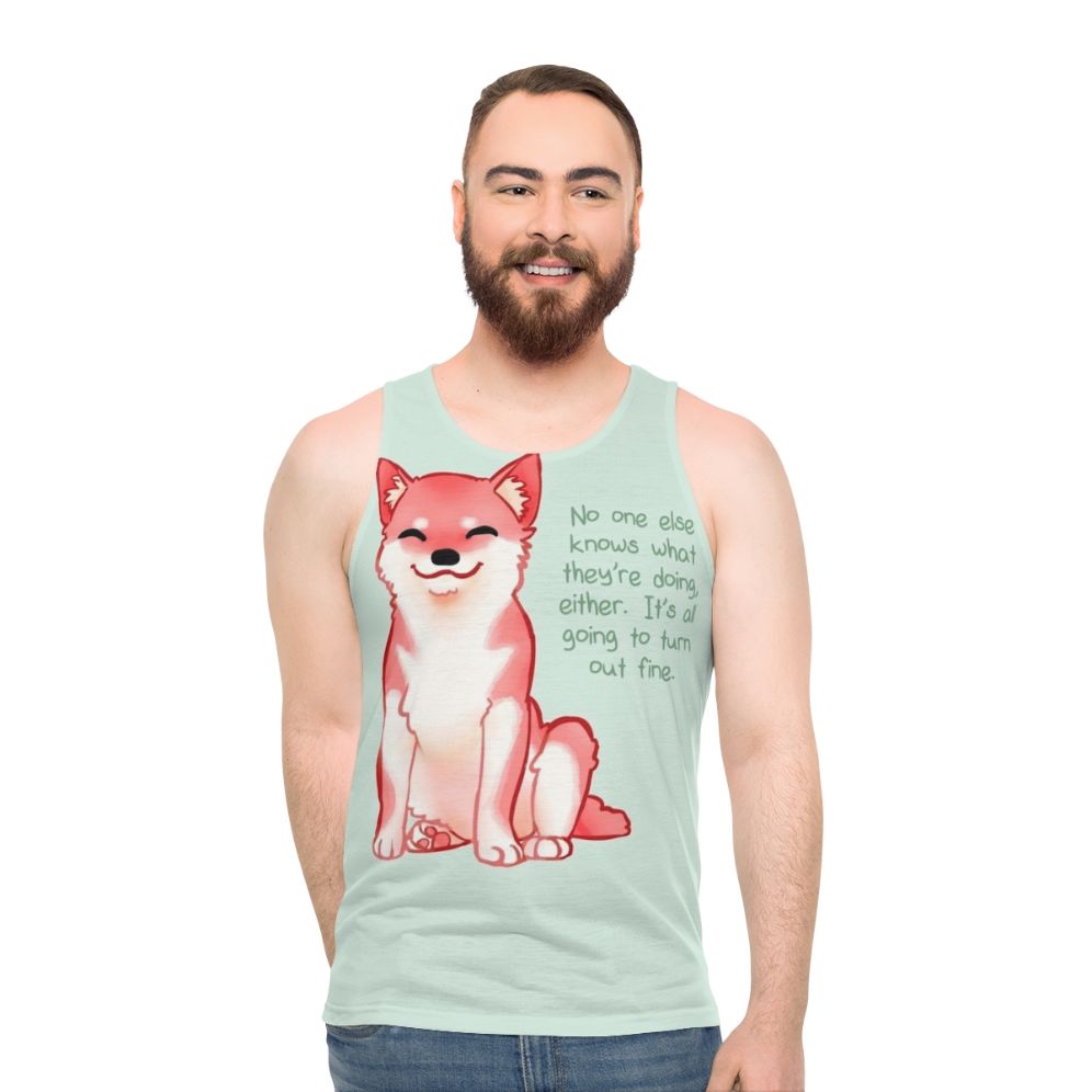 Shiba Inu unisex tank top with motivational "No One Knows What They're Doing" text - men