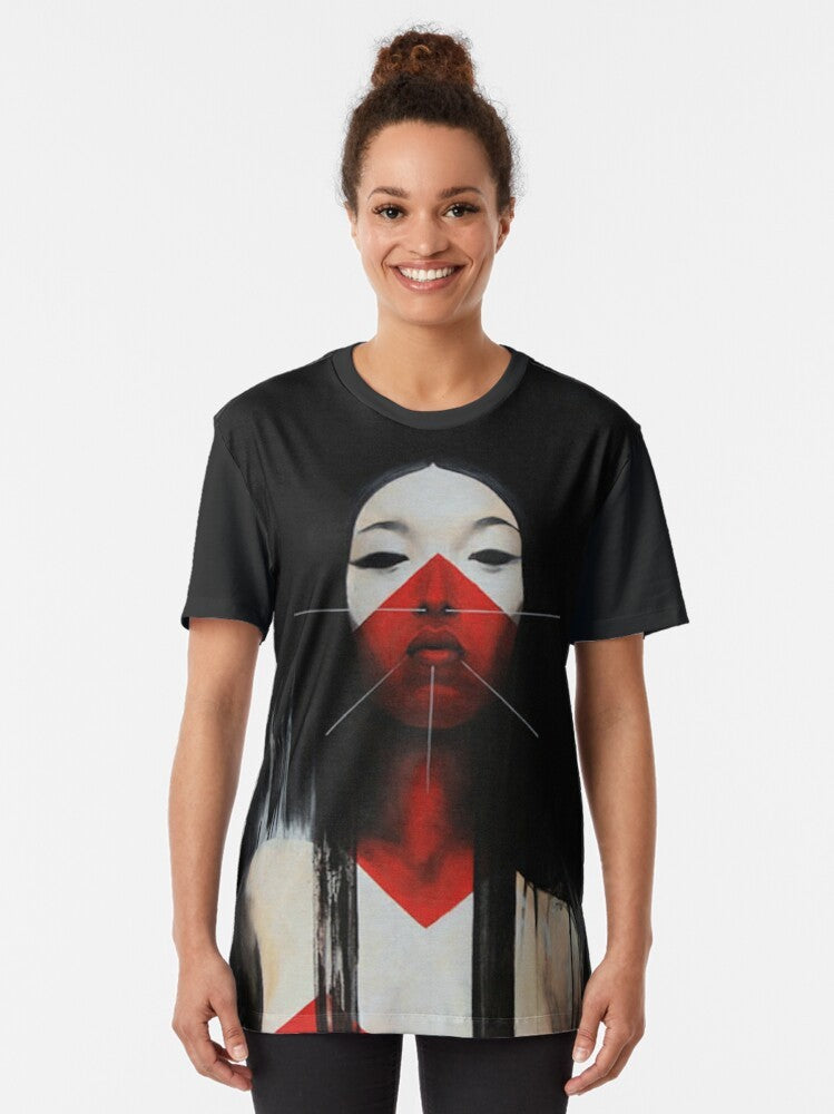 A striking black and red t-shirt featuring a captivating Japanese illustration with a cyberpunk, futuristic vibe. - Women