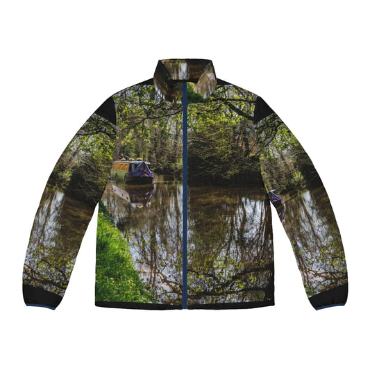 Puffer jacket featuring a scenic canal barge and reflections