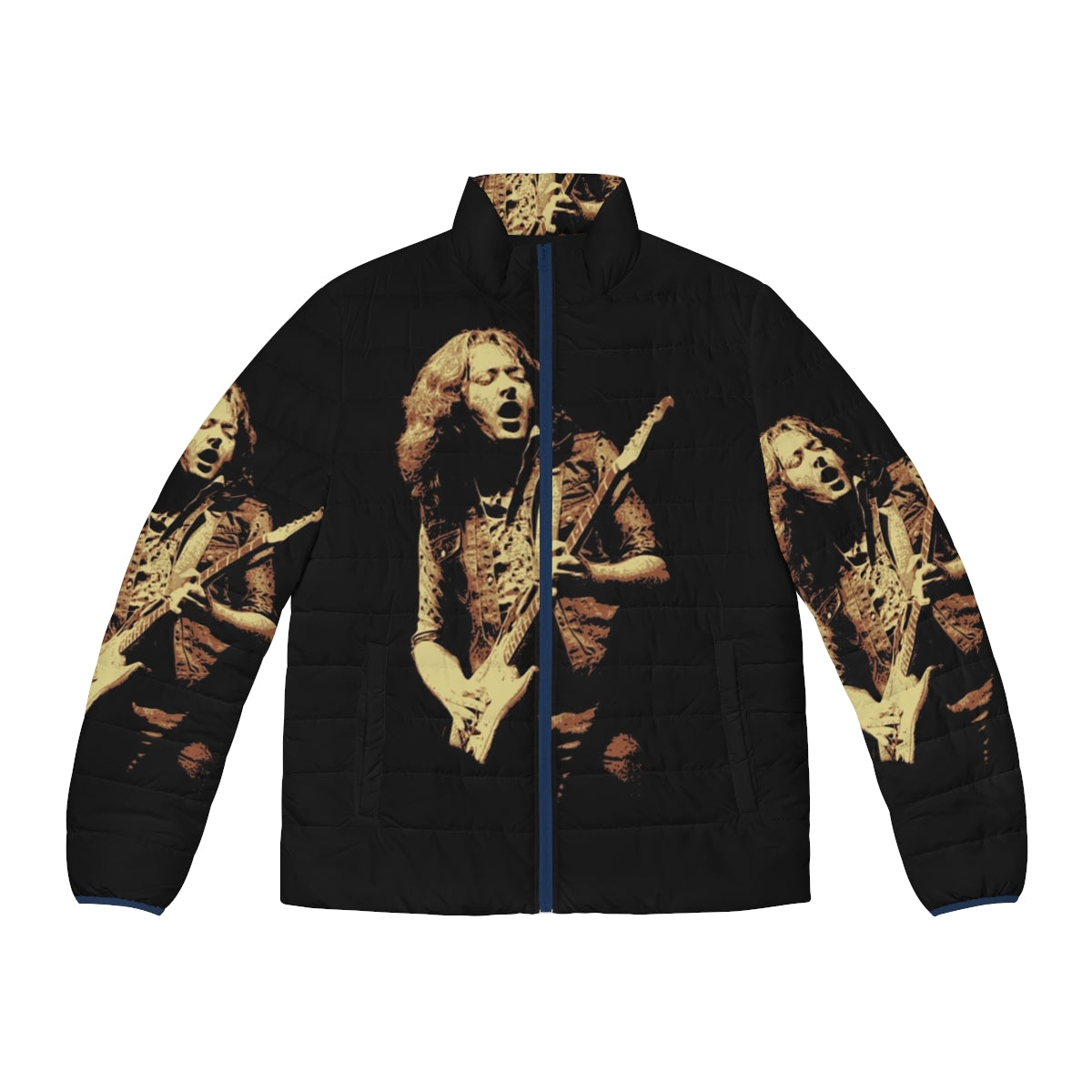 Rory Gallagher inspired puffer jacket, featuring the iconic musician's portrait