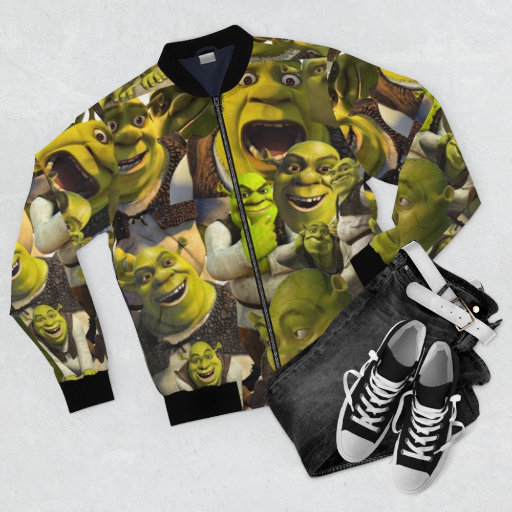 Shrek inspired bomber jacket with Shrek, Fiona, and Donkey graphics - Flat lay