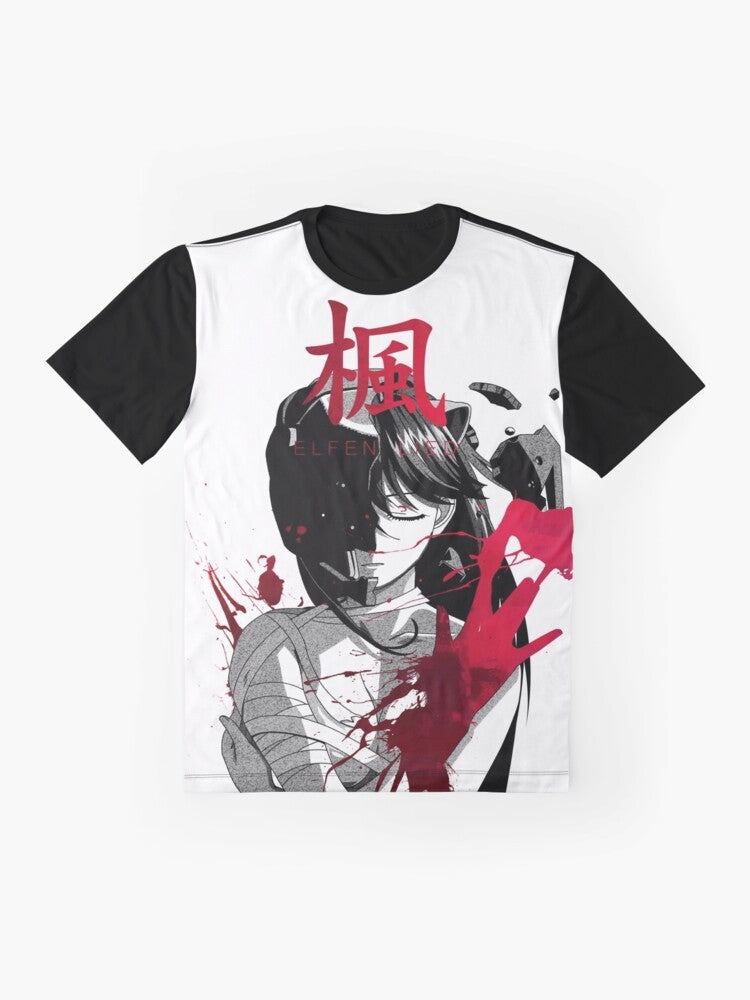 Elfen Lied Diclonius Anime Graphic T-Shirt with dark, monochrome, bloody design - Flat lay