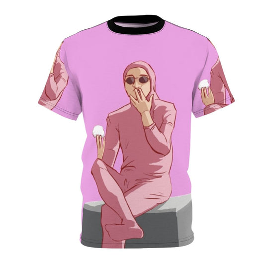 Colorful pink guy inspired graphic t-shirt with rice ball design