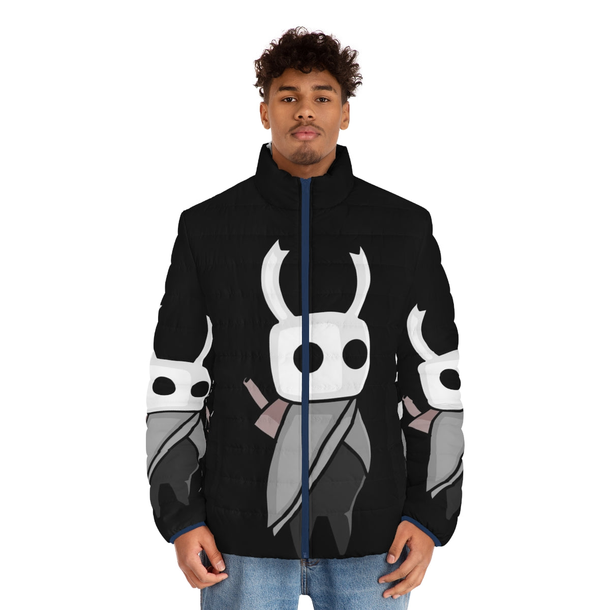 Hollow Knight inspired puffer jacket for gaming enthusiasts - men front