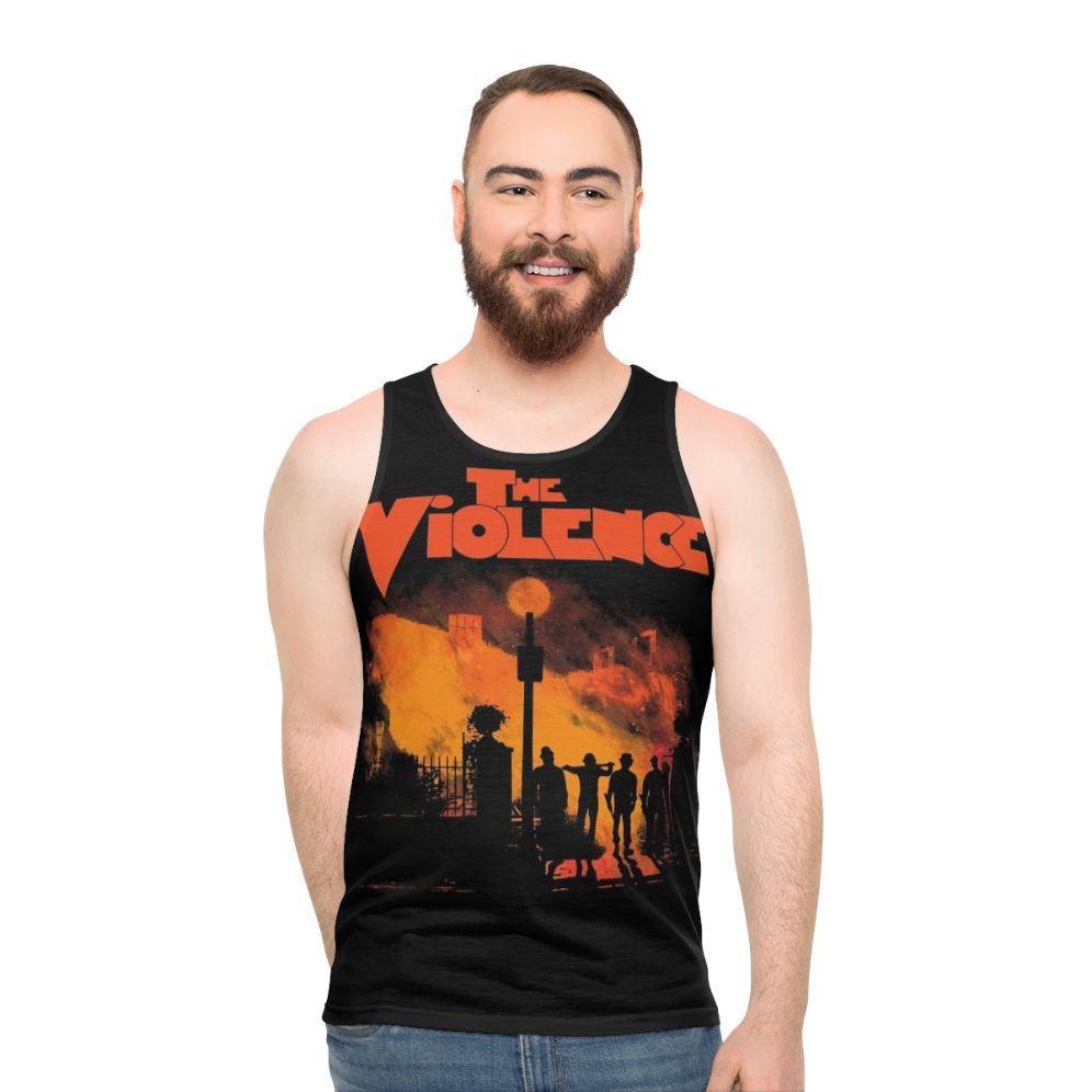 Unisex horror movie tank top with violent, spooky, and humor-filled design - men