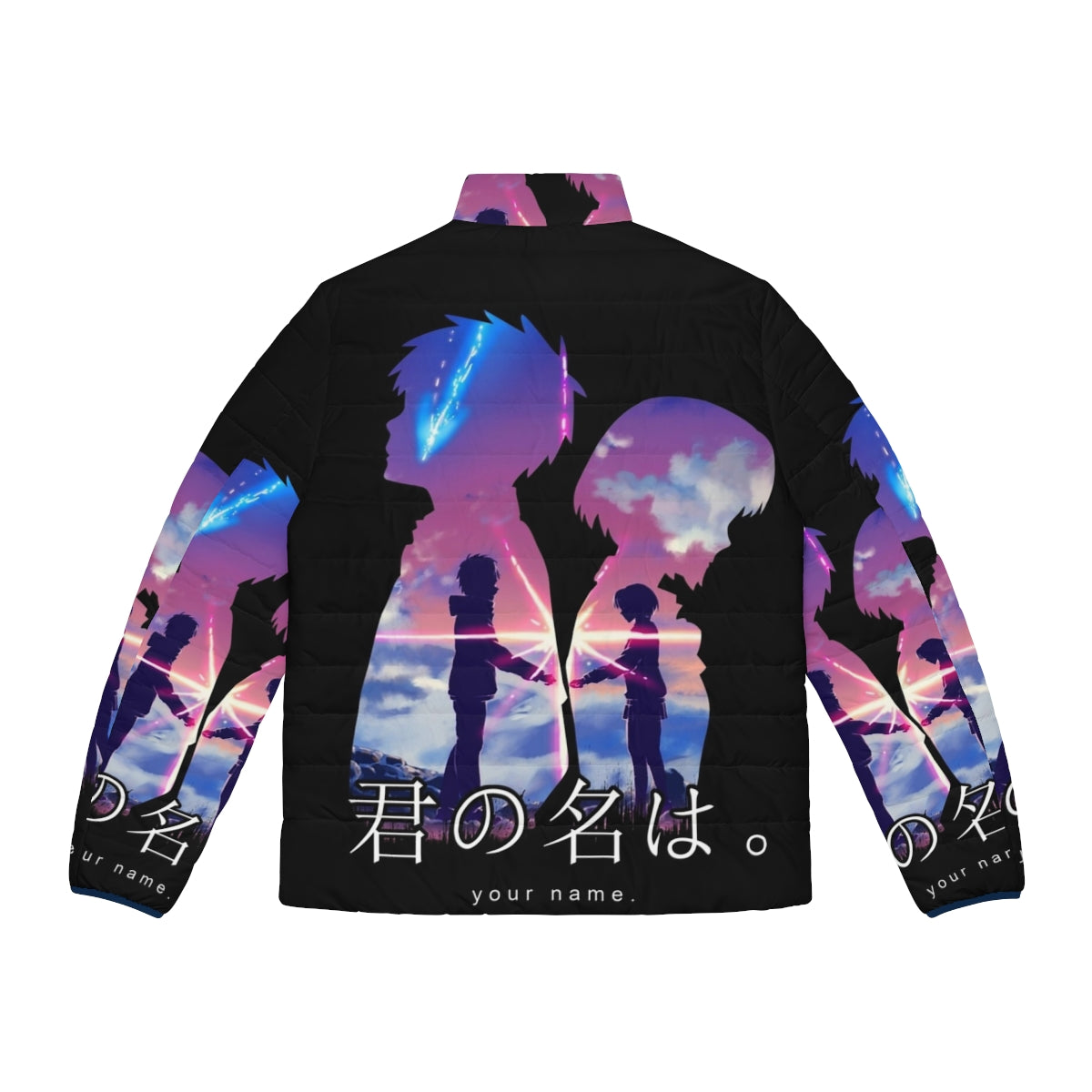 Your Name anime puffer jacket featuring characters Mitsuha and Taki - Back