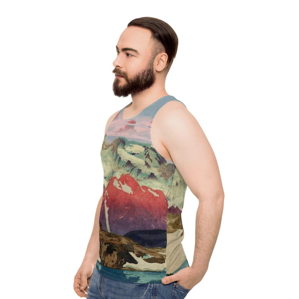 Unisex tank top with a winter landscape inspired by Japanese ukiyo-e art - men side