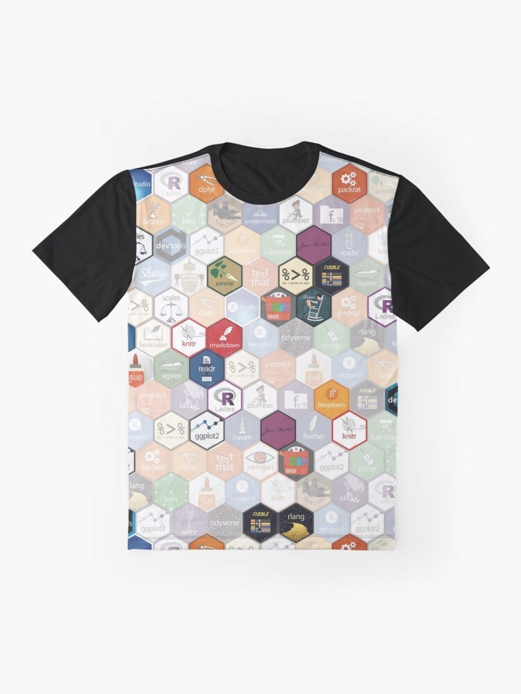 R-Statistics graphic t-shirt featuring small hexagons, ideal for data scientists and R programmers - Flat lay