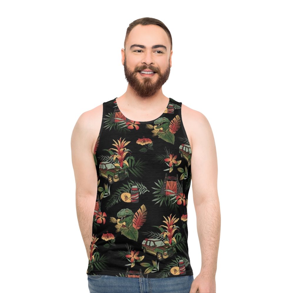 Vintage Jurassic Park inspired unisex tank top with floral dinosaur pattern - men