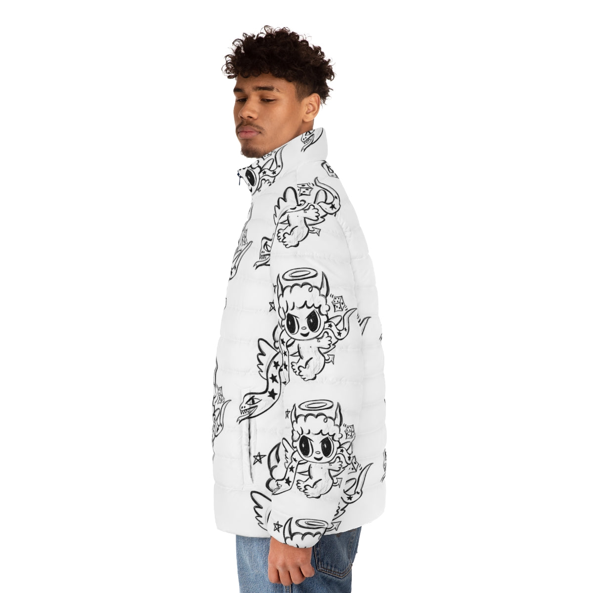 Karol G "Devil Angel" Puffer Jacket with monochrome colorful pencil drawing design - men side left