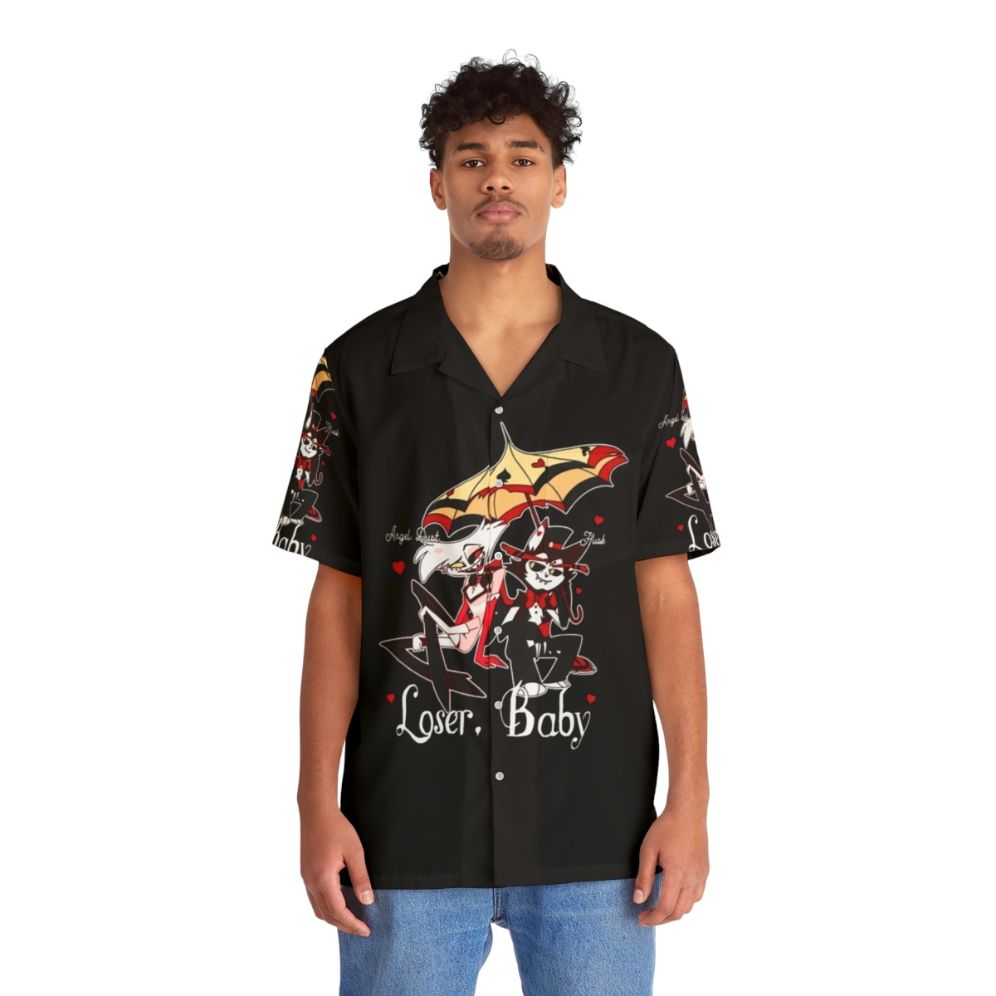 Hazbin Hotel Angel Dust and Husk demon characters on a vibrant Hawaiian shirt - People Front