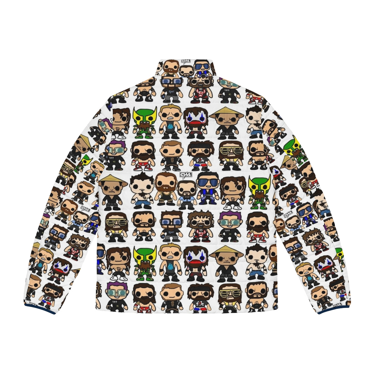 Qwa Vinyl Pop Art Puffer Jacket featuring a wrestling character figure - Back