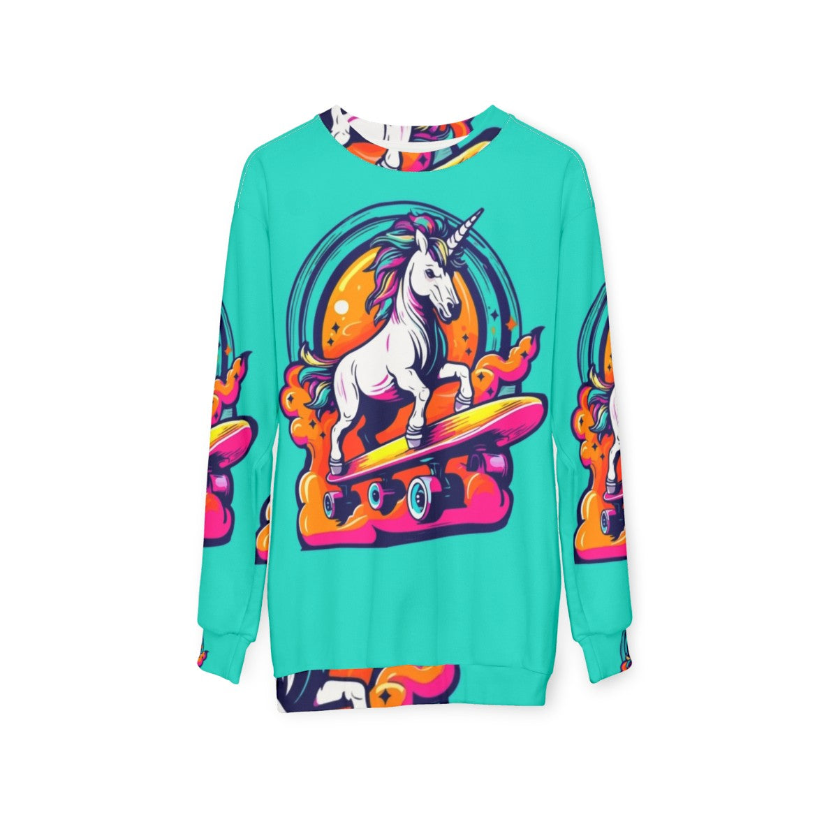 Unicorn skateboarding neon color sweatshirt - hanging