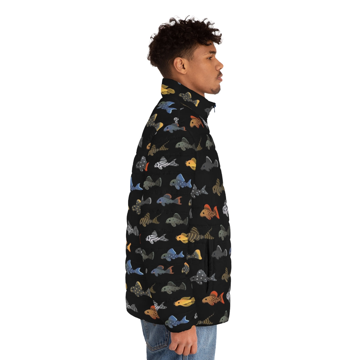 Black Pleco Puffer Jacket - Stylish Aquarium Apparel with Focus Keyword "pleco puffer jacket" - men side right