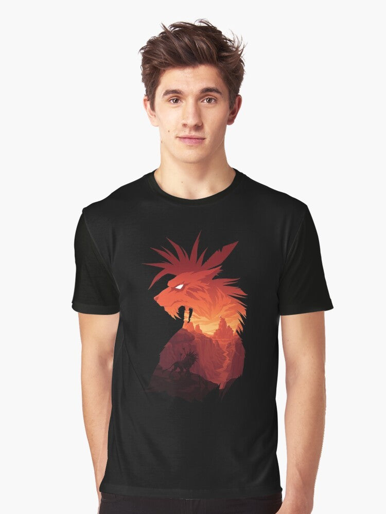 A black t-shirt with a graphic design featuring Final Fantasy's Red XIII character. - Men