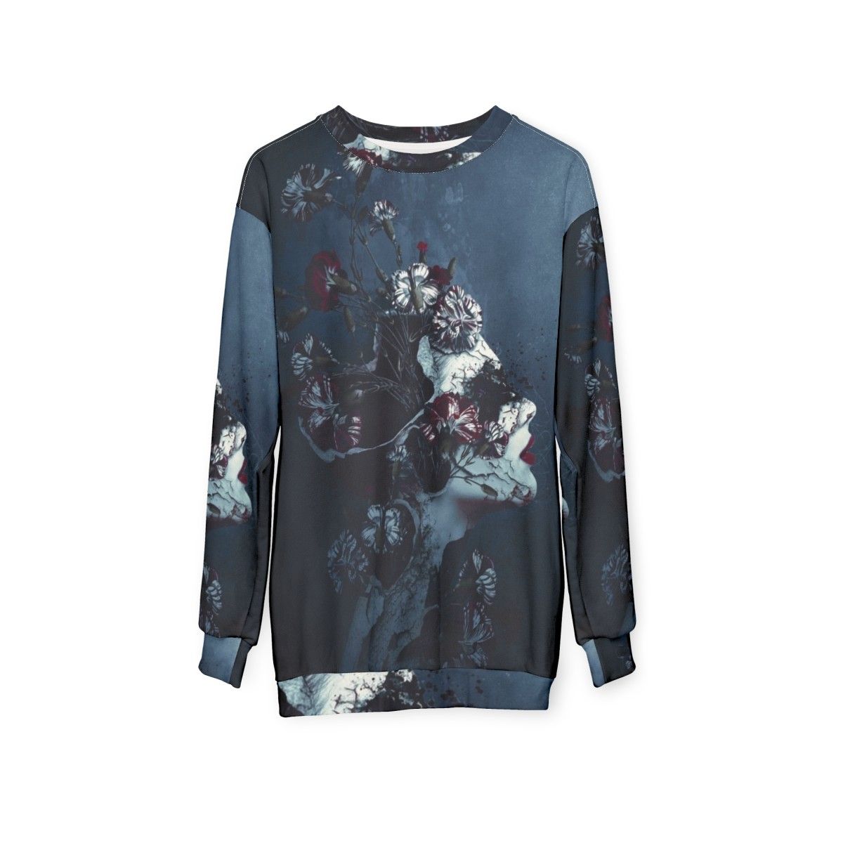 Floral grunge sweatshirt for women with dark and surreal design - hanging