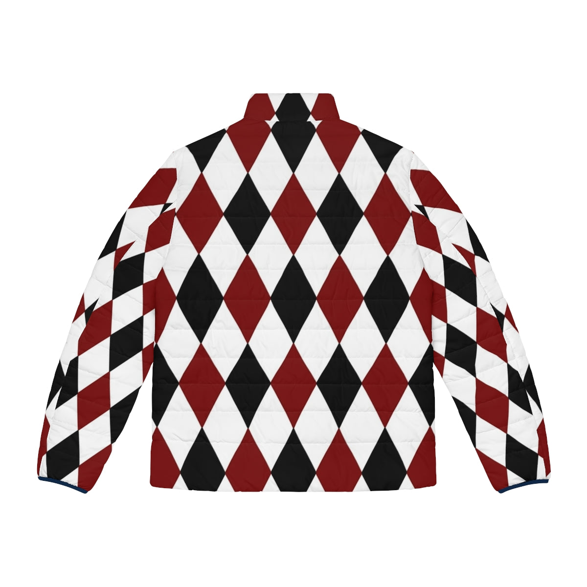 Black, white, and red harlequin puffer jacket with a classic diamond pattern design - Back