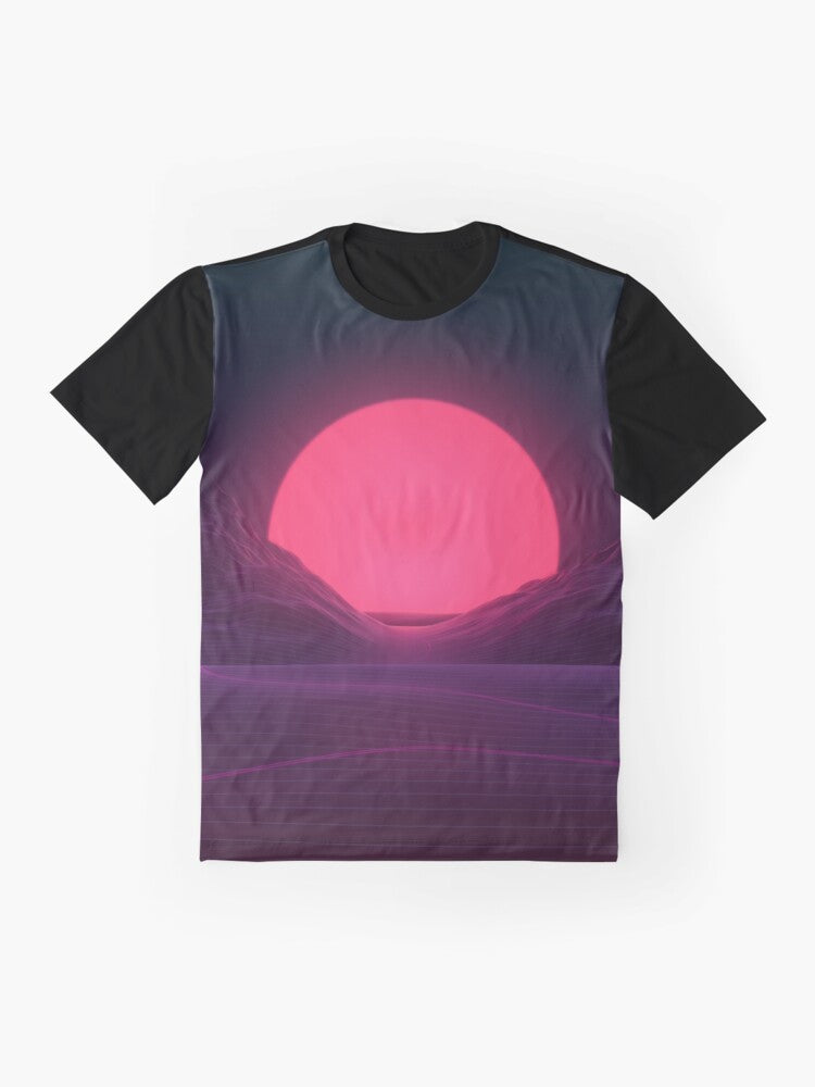 A vibrant neon sunset graphic t-shirt with retro 80s inspired landscape design. - Flat lay