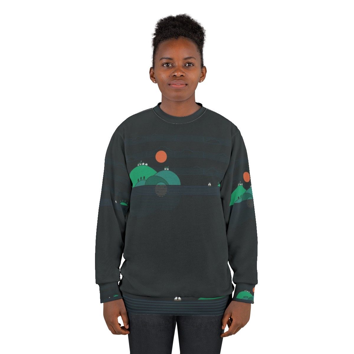 Island Folk Sweatshirt with acoustic guitar and sailing imagery - women