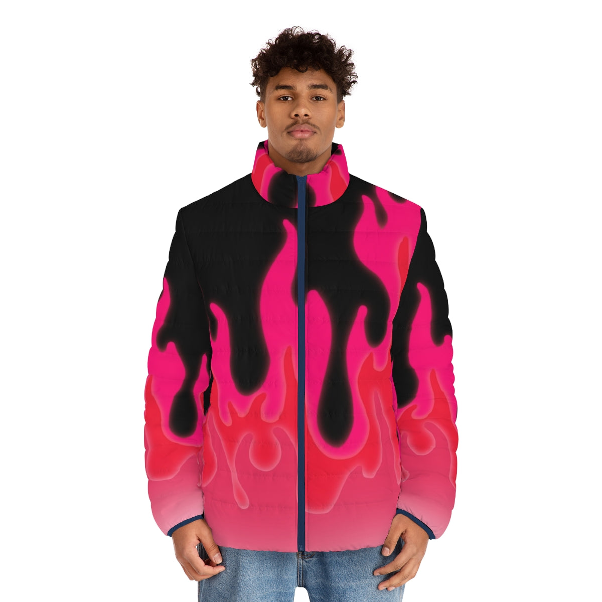 Reddish pink puffer jacket with vibrant flames pattern - men front