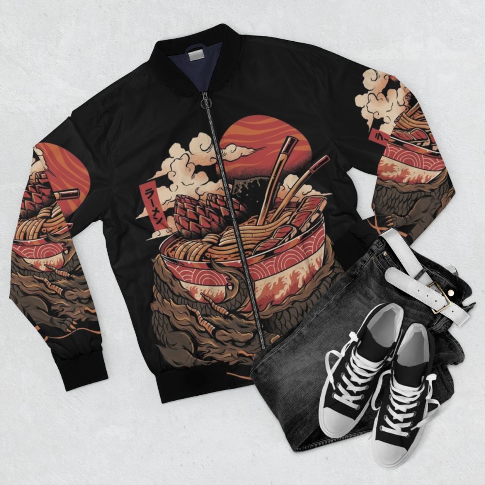 A stylish bomber jacket featuring a dragon and ramen bowl design, perfect for Japanese food lovers. - Flat lay