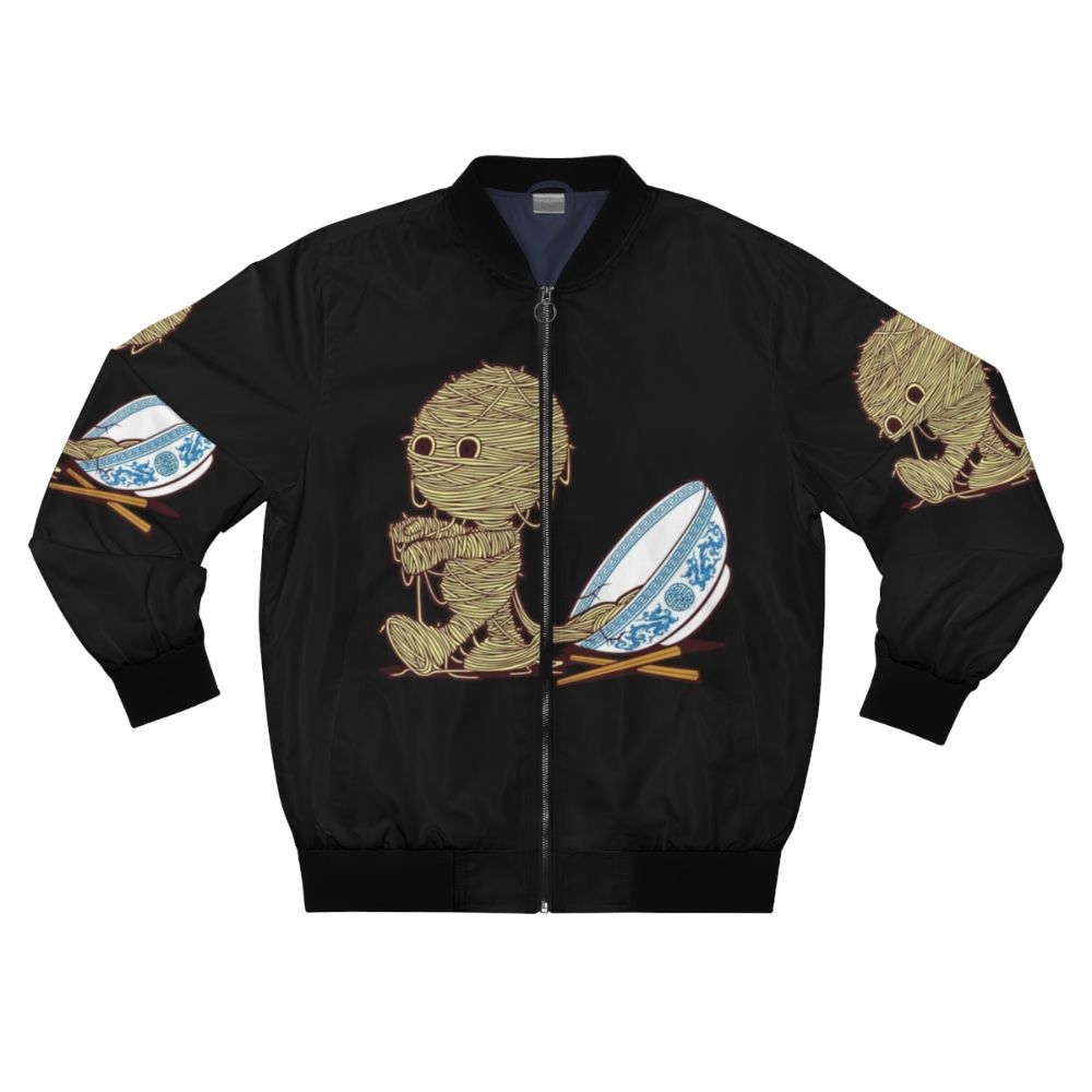 Ramen-inspired bomber jacket with chopsticks and noodle bowl graphic