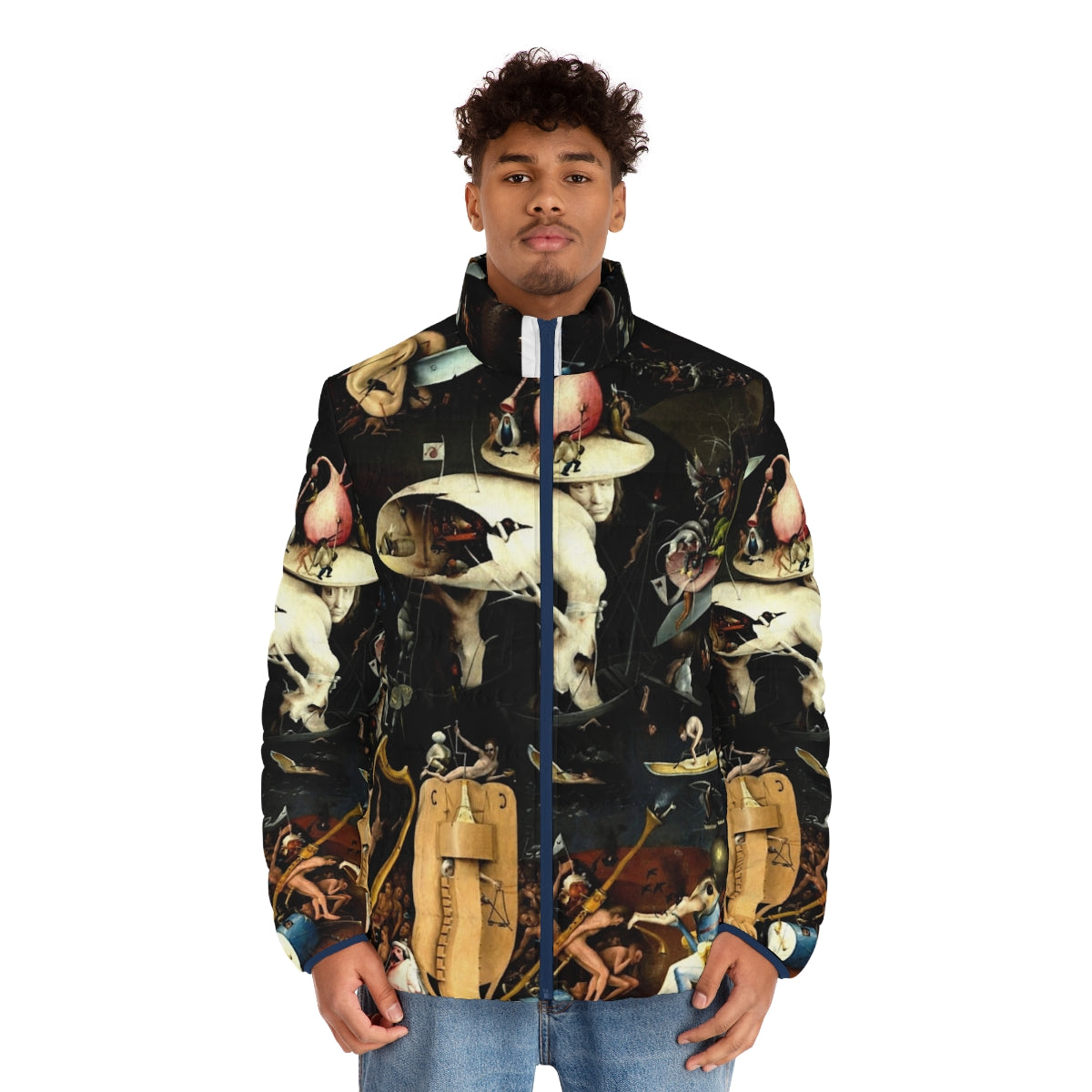 Hieronymus Bosch inspired puffer jacket featuring surreal, religious imagery from the Garden of Earthly Delights - men front