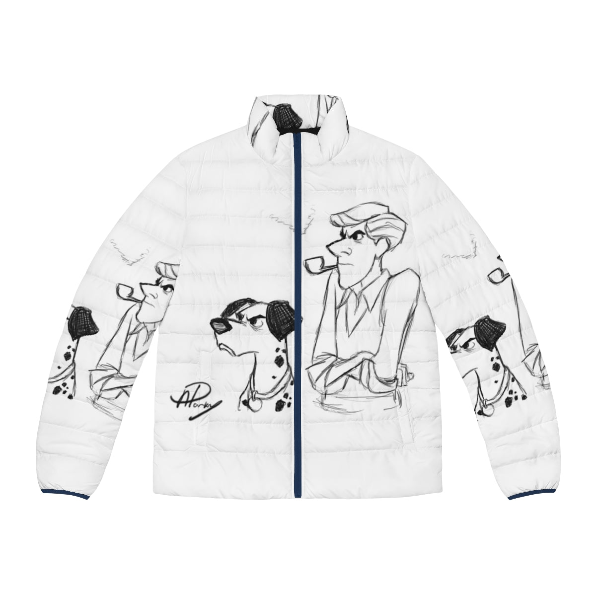 Pongo and Roger 101 Dalmatians inspired puffer jacket with digital sketch art