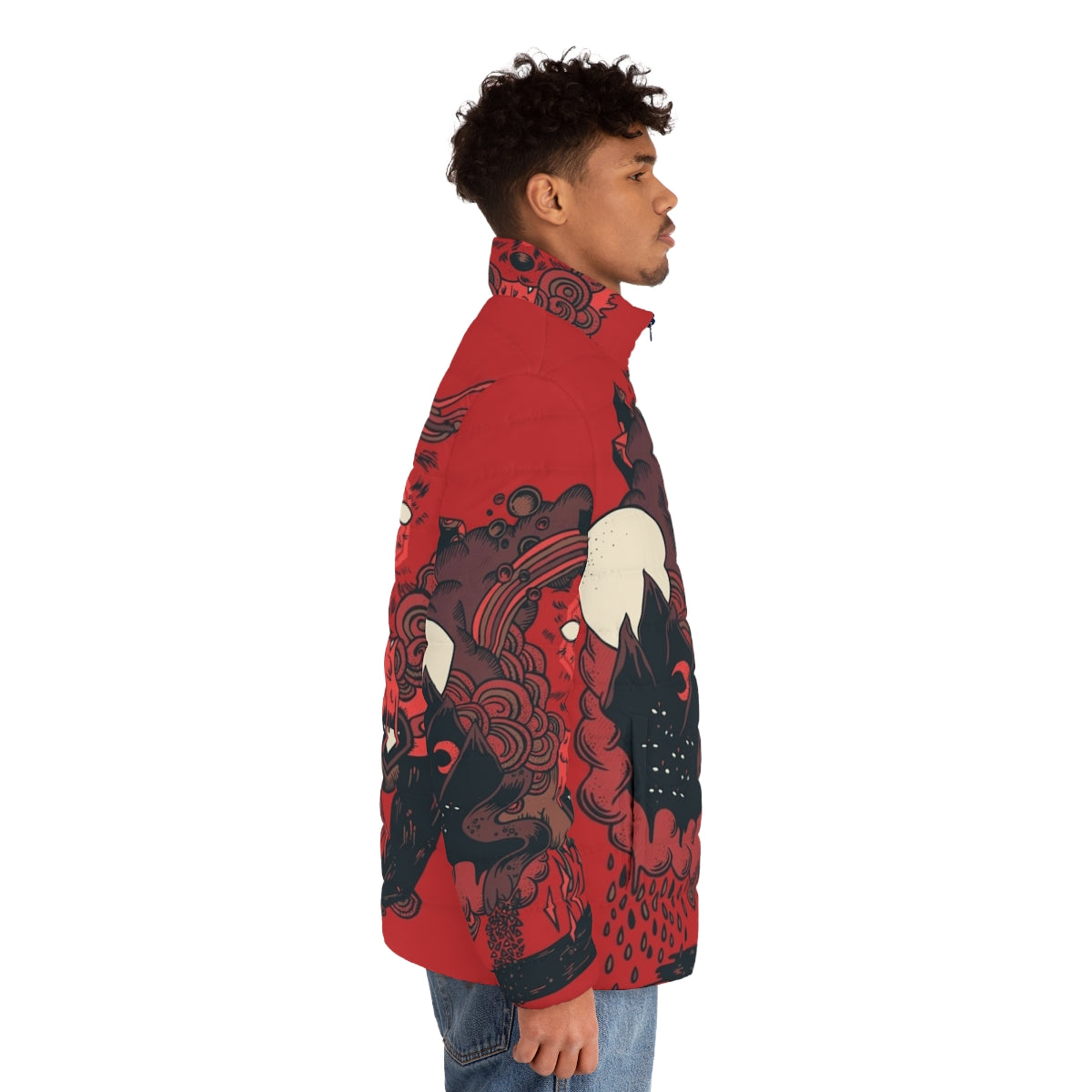 Rugged and bold puffer jacket with wolf and nature inspired design - men side right