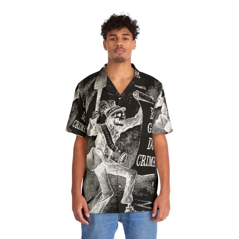 Black skeleton Hawaiian shirt with queer pride and anarchy design - People Front