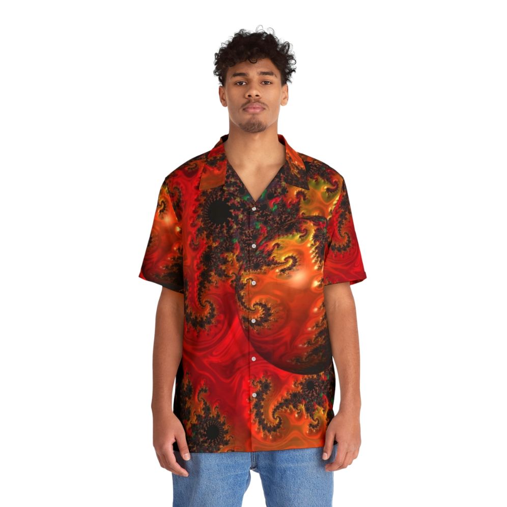 Colorful abstract Hawaiian shirt with spheres, spirals, and fractal patterns - People Front