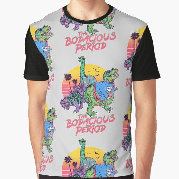 Retro dinosaur graphic t-shirt with a cool, funky design featuring a tyrannosaurus rex, stegosaurus, and other prehistoric creatures.