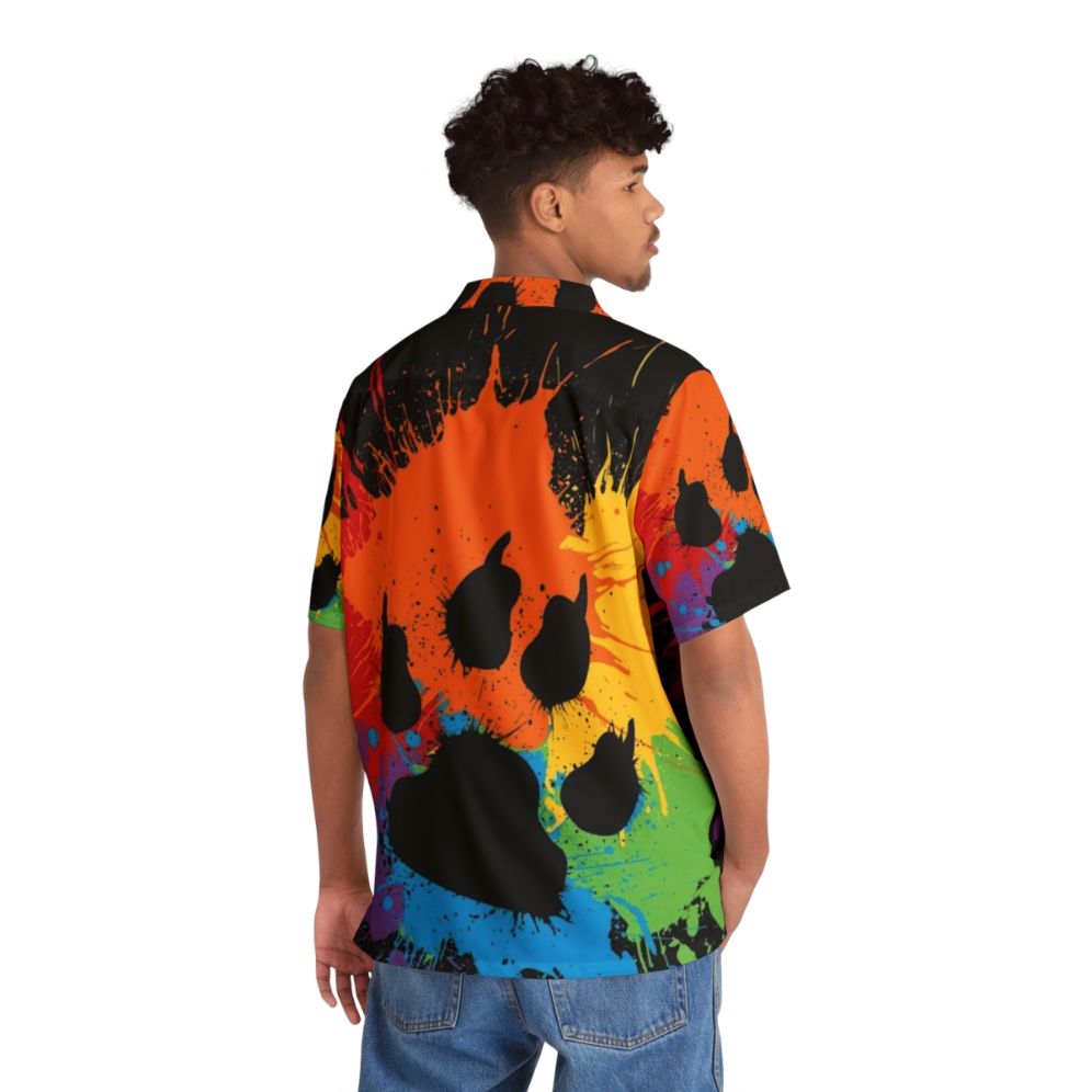 Colorful Hawaiian-style shirt featuring paw prints and rainbow pride design - People Back