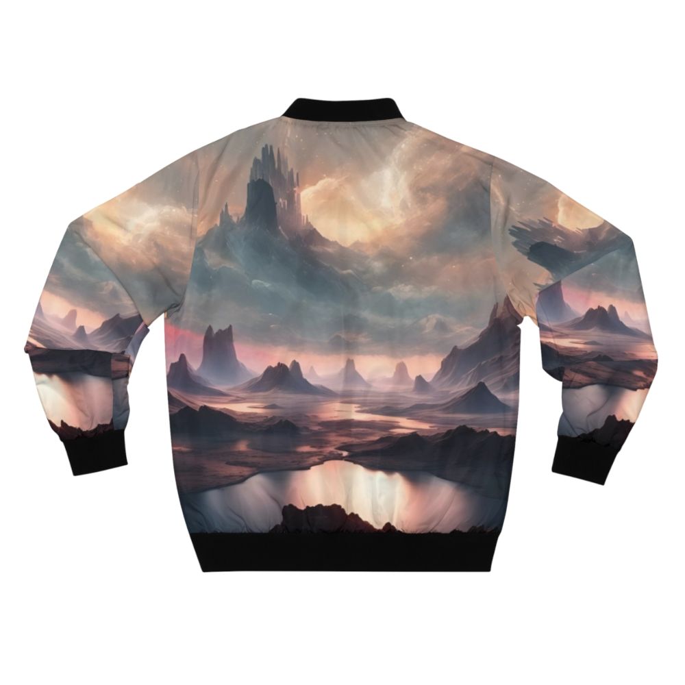 A bomber jacket featuring a cosmic fantasy sci-fi landscape graphic design. - Back