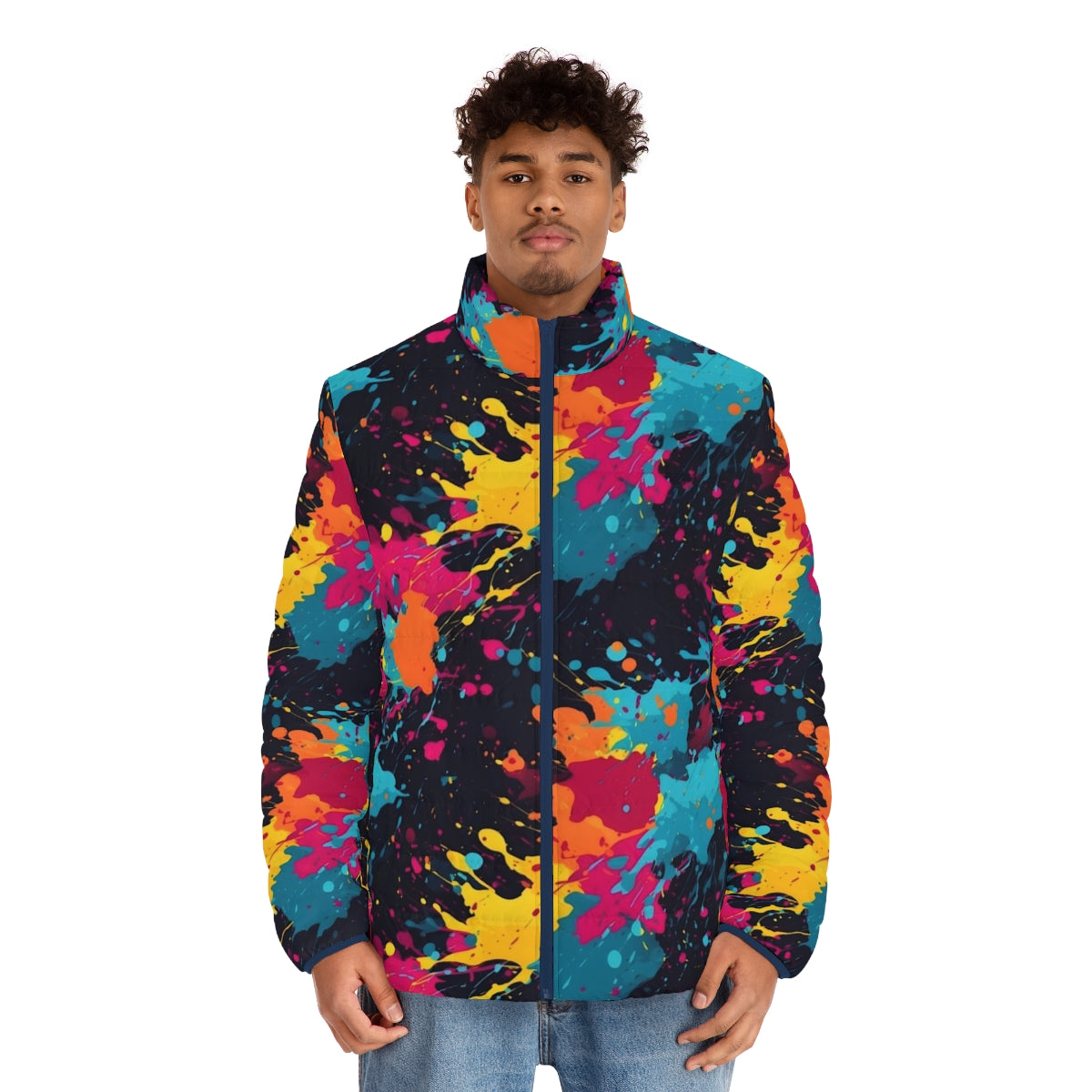 Vibrant neon paint splatter puffer jacket, featuring a bold, abstract design - men front