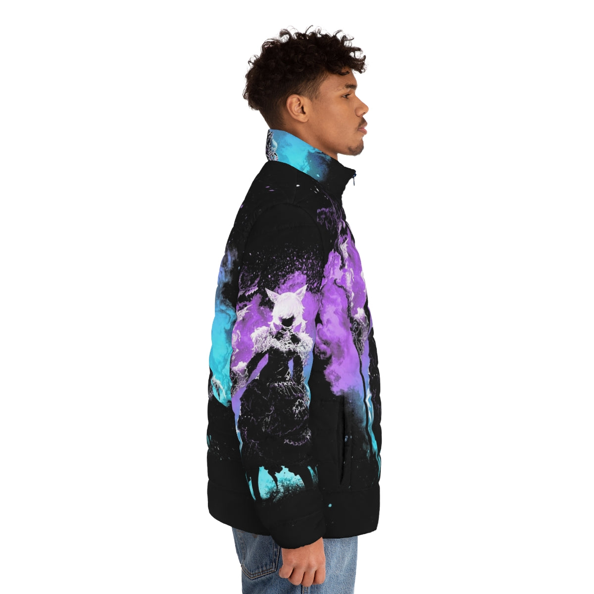 Model wearing the Soul of the Sorceress Puffer Jacket, a fantasy-inspired puffer jacket for gaming and geek enthusiasts - men side right