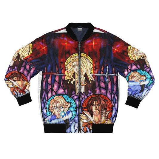 Castlevania Netflix Series Stained Glass Bomber Jacket featuring Trevor Belmont, Alucard Tepes, and Sypha Belnades